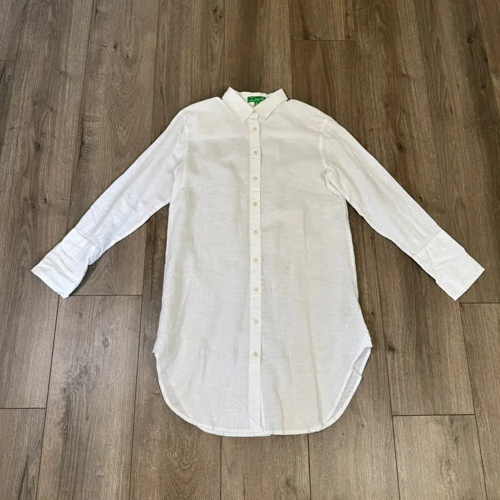 J.Crew Relaxed-Fit Beach Shirt 2XS White Swim Cover Up Linen Blend Long Sleeve